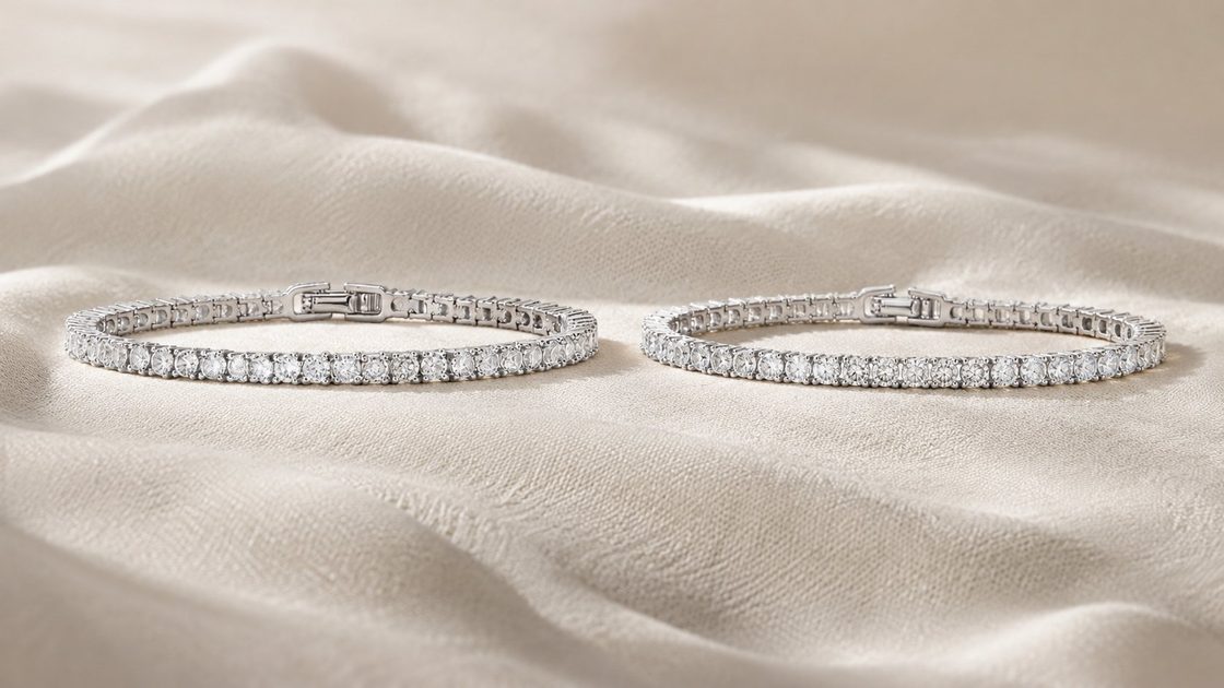 AMORA tennis bracelet shown beside a luxury counterpart